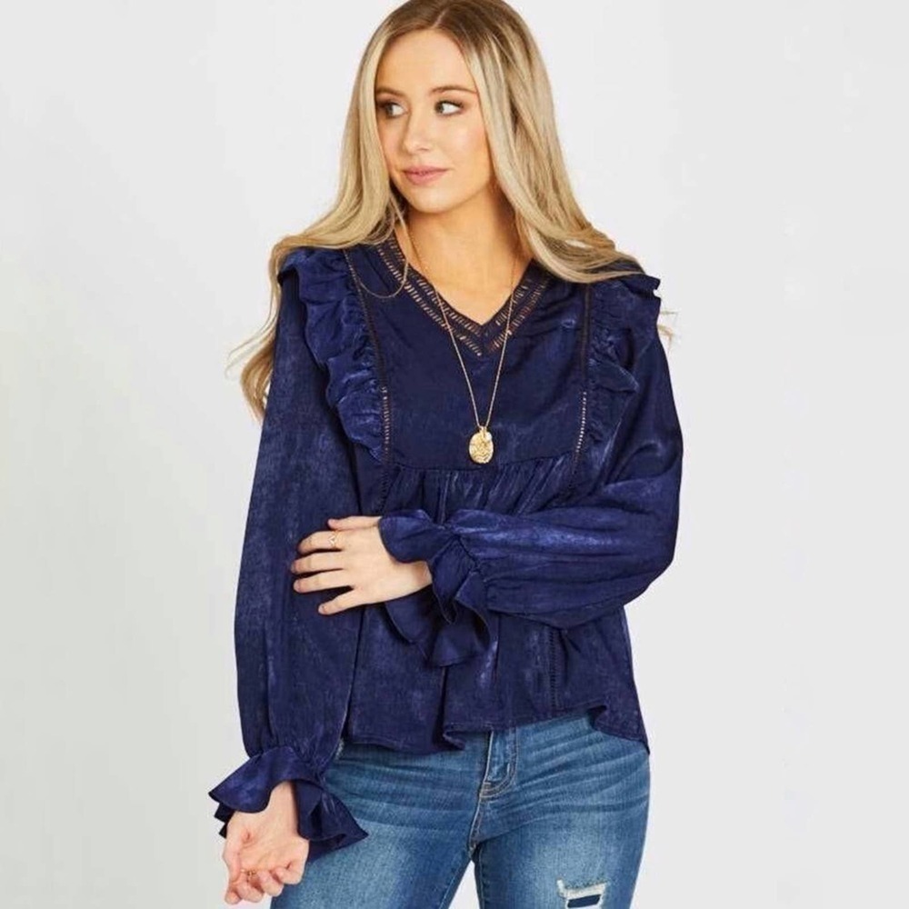 Altar’d State Navy Ruffled Maeve Long Sleeve Top Size Extra Small